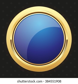Glossy blue badge with gold border on black background