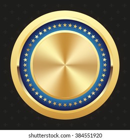 Glossy blue badge with gold border on black background