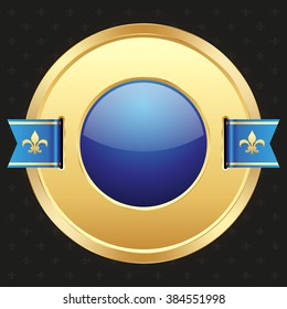 Glossy blue badge with gold border on black background