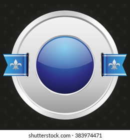 Glossy blue badge with silver border on black background