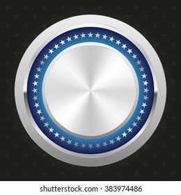 Glossy blue badge with silver border on black background