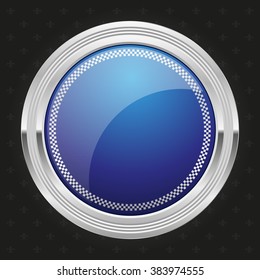 Glossy blue badge with silver border on black background