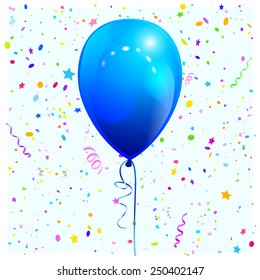 Glossy blue balloon and confetti. Vector illustration for congratulatory cards.