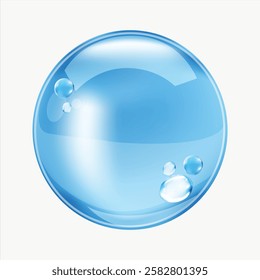 Glossy blue bubble with reflections and smaller bubbles. Transparent bubble design. Shiny bubble on a light background. Perfect for bubble-themed visuals. 3D bubble vector.