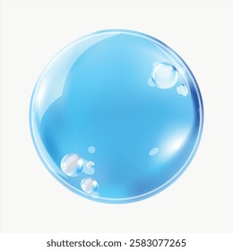 Glossy blue bubble with reflections and smaller bubbles. Shiny blue bubble design. Smooth blue surface. Transparent blue illustration. 3D vector.