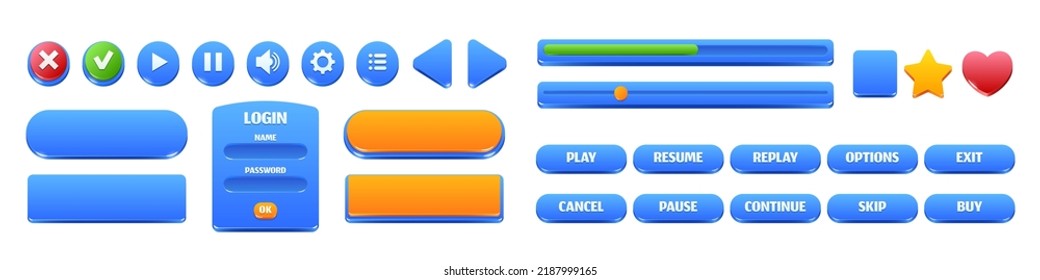 Botones y marcos de color azul brillante para la interfaz de juego de ui. Conjunto de dibujos animados vectoriales de elementos gui, cuadrado, estrella e iconos cardíacos, flechas, barras, botones de menú y marco de inicio de sesión aislados en fondo blanco