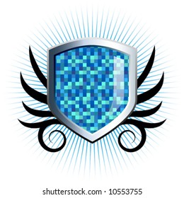 Glossy blue checkered shield emblem with floral vine accents