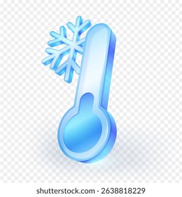 Glossy blue cold temperature 3d icon with a snowflake symbol, representing winter, freezing, or cool conditions. Isolated on transparent background. Vector Illustration.