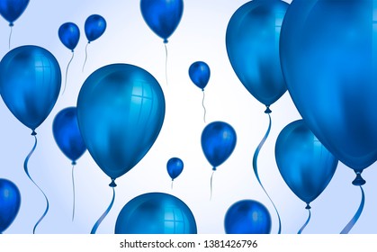 Glossy blue color Flying helium Balloons backdrop with blur effect. Wedding, Birthday and Anniversary Background. Vector illustration for invitation card, party brochure, banner.