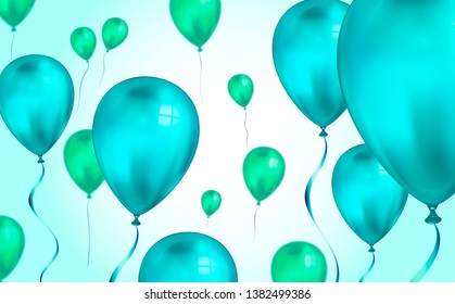 Glossy blue color Flying helium Balloons backdrop with blur effect. Wedding, Birthday and Anniversary Background. Vector illustration for invitation card, party brochure, banner.