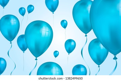 Glossy blue color Flying helium Balloons backdrop with blur effect. Wedding, Birthday and Anniversary Background. Vector illustration for invitation card, party brochure, banner.