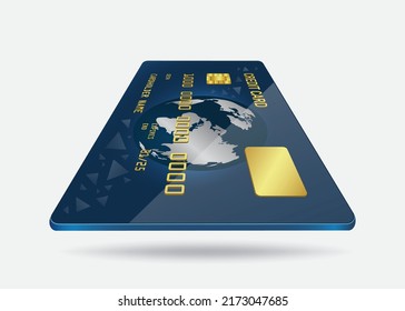 glossy blue credit card or ATM card with globes and abstract patterns in oblique angles on a white background,vector 3d isolated for financial and business advertisng concept design 