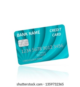 Glossy blue credit card with reflection isolated on white. Detailed plastic card with silver embossed symbols. Shopping and e-commerce concept. Easy to edit vector template