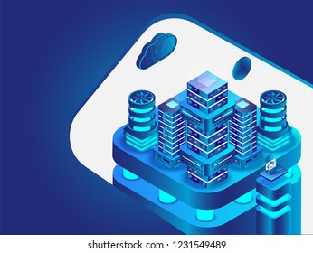 Glossy blue data center platform with multiple data servers and database on white background.