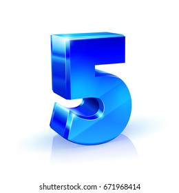 Glossy blue Five 5 number. 3d Illustration on white background. Vector