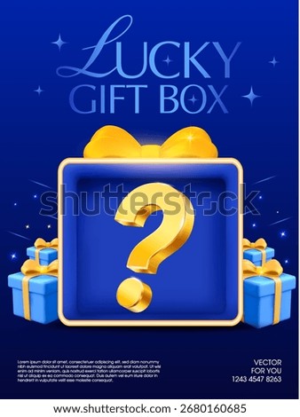 Glossy blue and gold 3D vector illustration of a lucky gift box with a golden question mark inside, decorated with bows and surrounded by smaller presents, symbolizing surprise, mystery, and rewards.