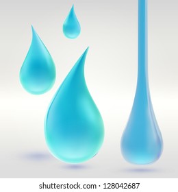 Glossy blue liquid drops as paint, oil, water or cosmetic soap shampoo, vector eps10 illustration icon emblem clip art