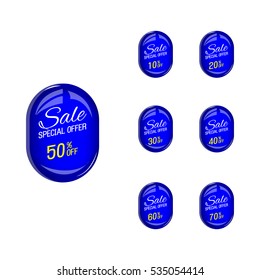 Glossy blue price sale tags stickers set.