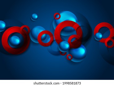 Glossy blue red abstract circles and balls geometric background. Technology vector design