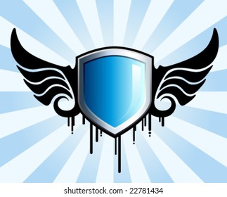 Glossy blue shield emblem with black wings