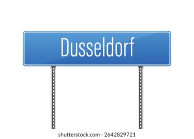 Um sinal azul brilhante, suportado por postagens, exibe o nome da cidade. A imagem tem um fundo branco nítido, criando uma imagem limpa e informativa sobre a cidade.