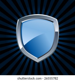 Glossy blue and silver shield emblem with starburst background