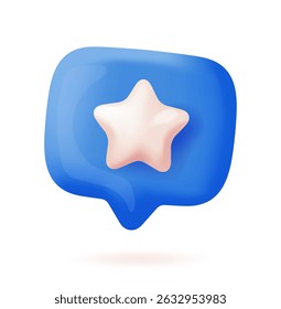 Glossy blue speech bubble with a soft white star in the center, modern cartoon style on white background. Concept of favorite, rating, achievement. Soft 3d vector illustration