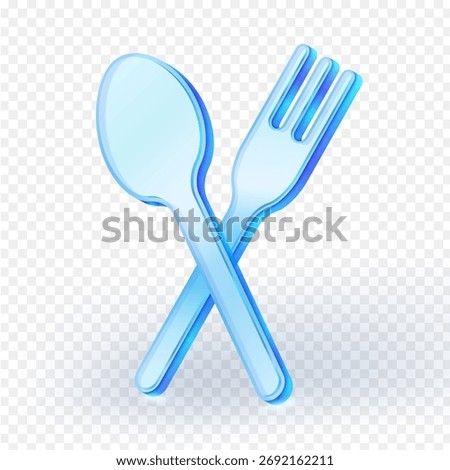 Glossy blue spoon and fork crossed 3d icon on transparent background. Vector illustration for restaurant, dining, or food service design concepts.