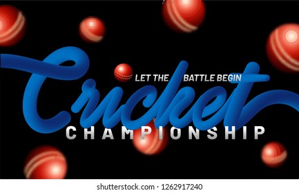 Glossy blue text cricket on blurred black background for Cricket championship template or poster design.