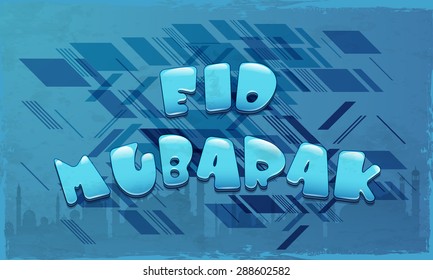 Glossy blauer Text Eid Mubarak auf grungy Moschee Silhouette Hintergrund für Musik-Community Festival Feiern.