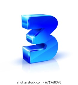 Azul brilhante Três 3 números. Ilustração 3d sobre fundo branco. Vetor