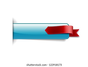 Glossy blue vector promo banner decorated with red ribbon tag