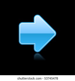 Glossy blue web 2.0 button arrow symbol sign. Single object with reflection on black background