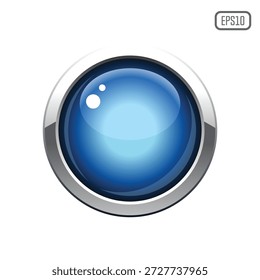 Glänzend blauer Web-Button mit metallisch silbernem Rahmen und glänzendem Glaskugeleffekt, Vektordesign