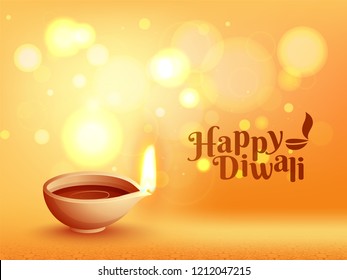 Glossy bokeh background with realistic illuminated oil lamp, Happy Diwali greeting card design.