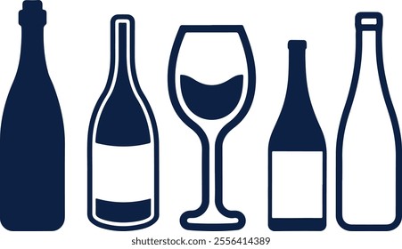  glossy bottle and glass set icon, silhouettes of wineglasses and bottles