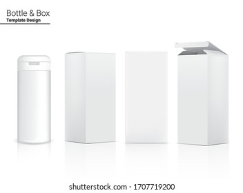 Glossy Bottle Mock up Realistic Cosmetic and 3 Dimensional Box for Skincare and Aging anti-wrinkle or  Food merchandise on White Background Illustration. Health Care and Medical.