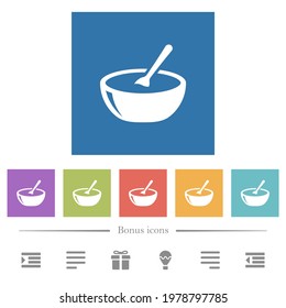 Glossy bowl of soup with spoon flat white icons in square backgrounds. 6 bonus icons included.