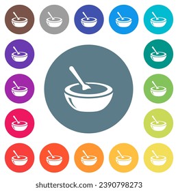 Glossy bowl of soup with spoon flat white icons on round color backgrounds. 17 background color variations are included.