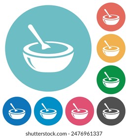 Glossy bowl of soup with spoon flat white icons on round color backgrounds