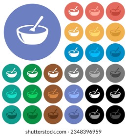 Glossy bowl of soup with spoon multi colored flat icons on round backgrounds. Included white, light and dark icon variations for hover and active status effects, and bonus shades.