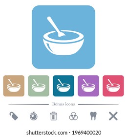 Glossy bowl of soup with spoon white flat icons on color rounded square backgrounds. 6 bonus icons included