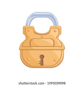 Glossy brass hanging locked padlock with closed metal shackle and keyhole. Shining gold mechanism as symbol of strong protection and security. Flat cartoon vector illustration isolated on white