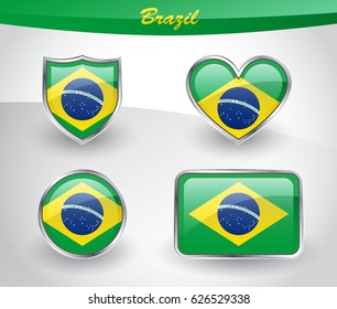 Glossy Brazil flag icon set with shield, heart, circle and rectangle shapes in silver frame. Vector illustration.