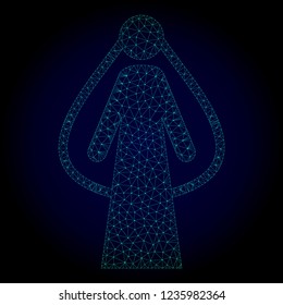 Glossy bride polygonal illustration. Abstract mesh lines, triangles and points on dark background with bride. Wire frame 2D mesh polygonal line network in vector format on a dark blue background.