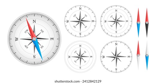 Glossy Bright Vintage Compass analog display in a metal case with wind rose. Navigation compass with a set of additional dials, compass roses and arrows. Vector illustration