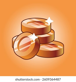 Glossy bronze coins in a stacked arrangement with shiny sparkles on an orange background. Perfect for game design, virtual currency, reward icons, mobile applications, and financial themes 