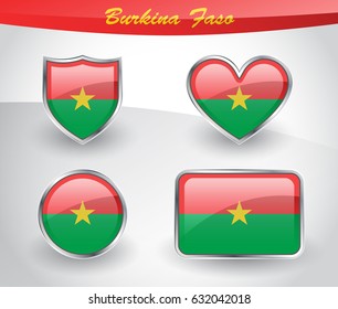 Glossy Burkina Faso flag icon set with shield, heart, circle and rectangle shapes in silver frame. Vector illustration.