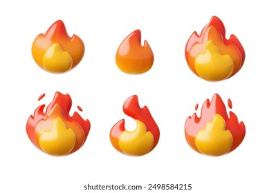 Glossy burning flame of fire 3D icons set. Vector render bonfire or campfire emoji isolated. Different sizes and shapes of flame with sparks, degrees combustion of fire. Realistic energy or hot symbol