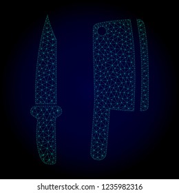 Glossy butchery knives polygonal illustration. Abstract mesh lines, triangles and points on dark background with butchery knives.